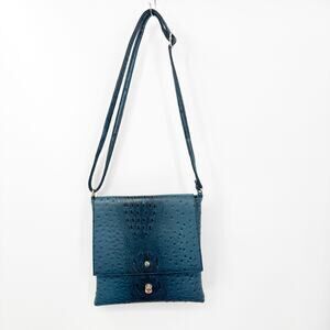 Turquoise Blue Faux Ostrich Crossbody Shoulder Bag Adjustable Strap Pockets Boho